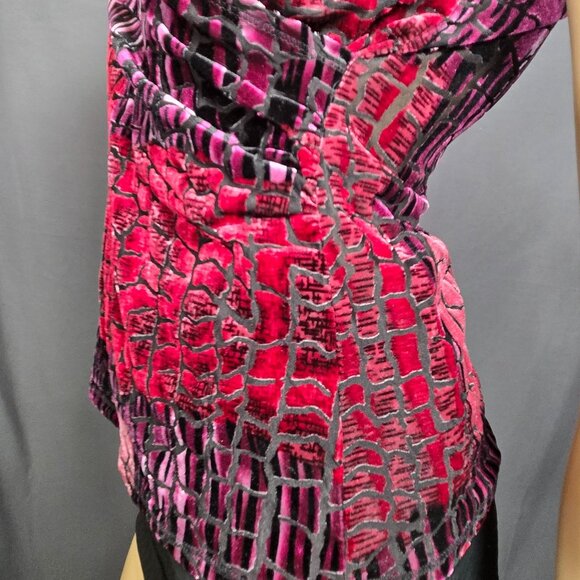 Y2K Snake Print Flocked Velvet Burnout Top Size M Pink Burgundy V Neck - Picture 8 of 14
